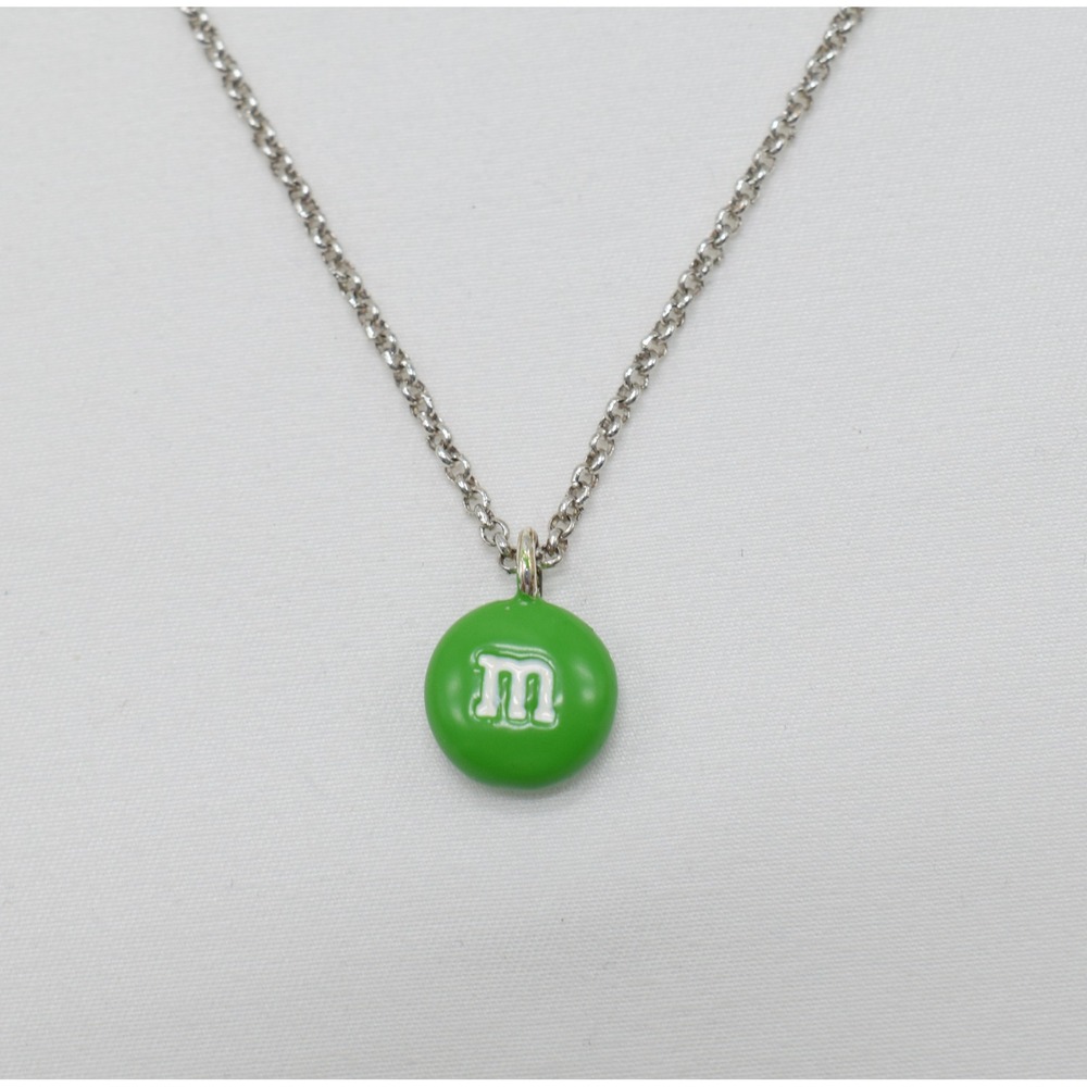 M&M's Pendant Necklace Green Enamel Logo Silver Chain Candy Charm Y2K Kitsch
